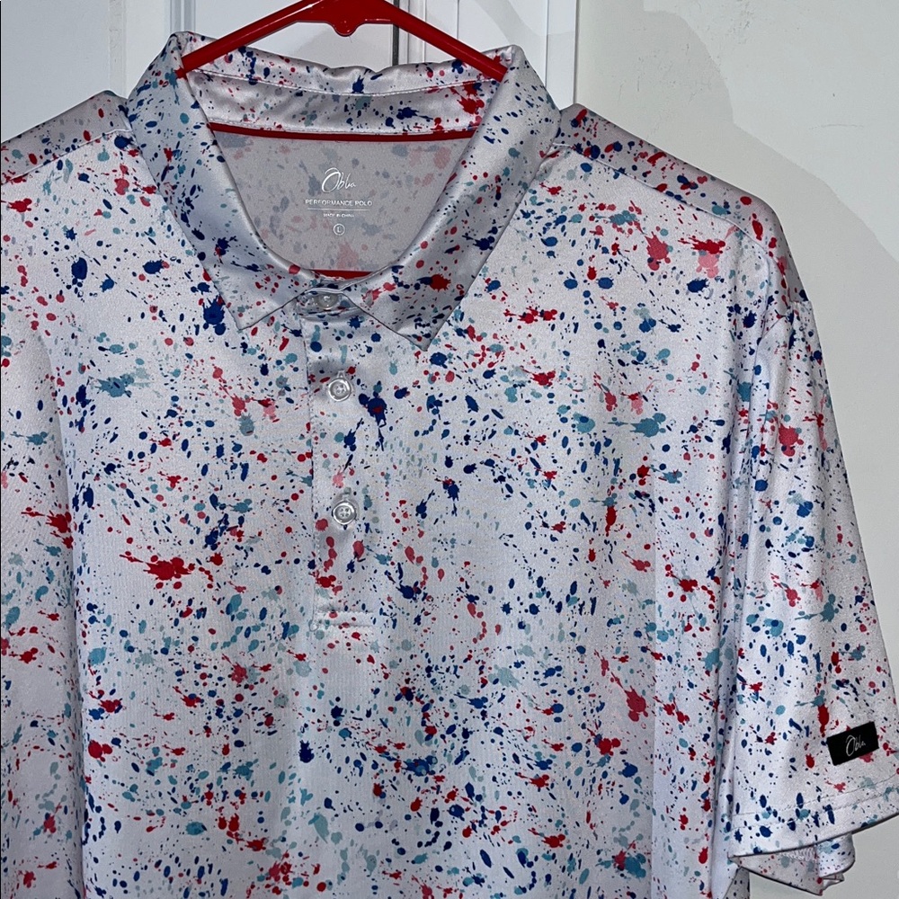 Obla Paint Splatter Paint Gun Red White Blue 4th of July golf polo shirt L mens
